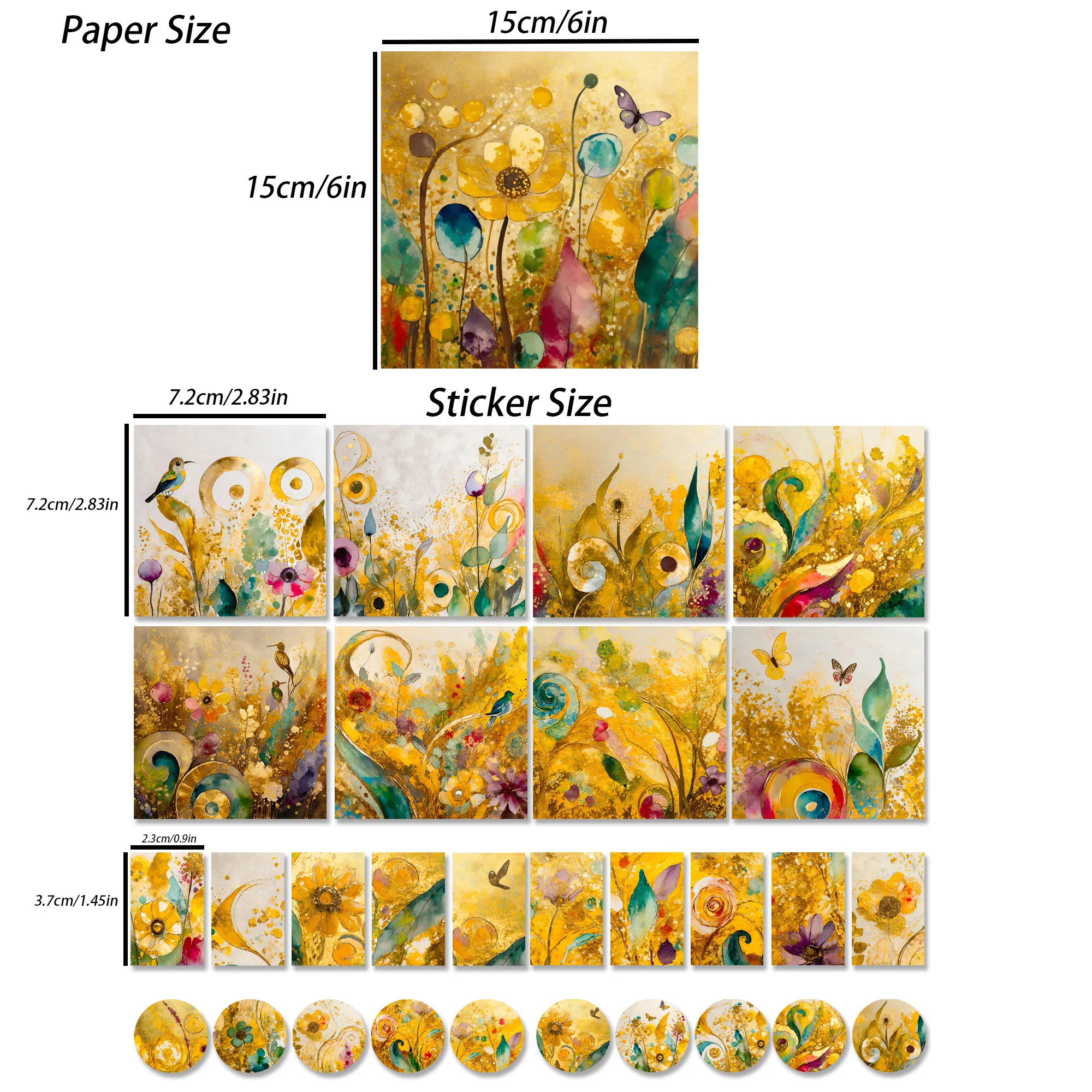 JAIIMAN 황금 수채화 꽃 DIY 스크랩북 세트, 저널 용품, 스크랩북 용품, 68 장 (12 장 + 56 스티커)
