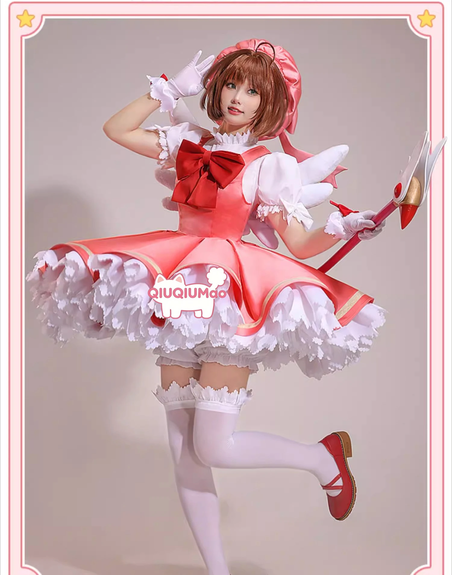 Costume da Cosplay di Cardcaptor Sakura, Abito da Battaglia Rosso e Bianco, Costume Anime di Sakura Kinomoto con Crinolina per Donne, per Comic Con e Feste - immagine 3