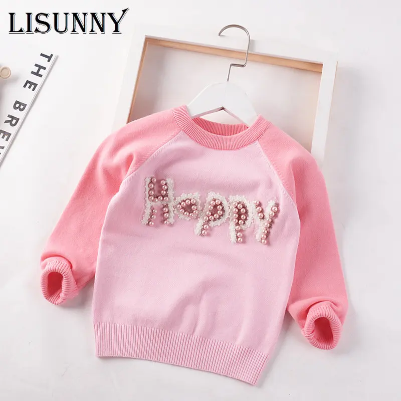 

2023 Autumn Winter Children Clothing Kids Sweater Girls Sweater Baby Pullover Pearl Letter Toddler Clothes Lolita Style 2-7y
