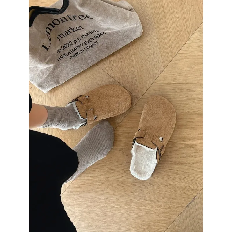 Women's 2025 new autumn and winter shoes with added velvet insulation, Boken shoes, lazy toe cap, half trailer cotton shoes