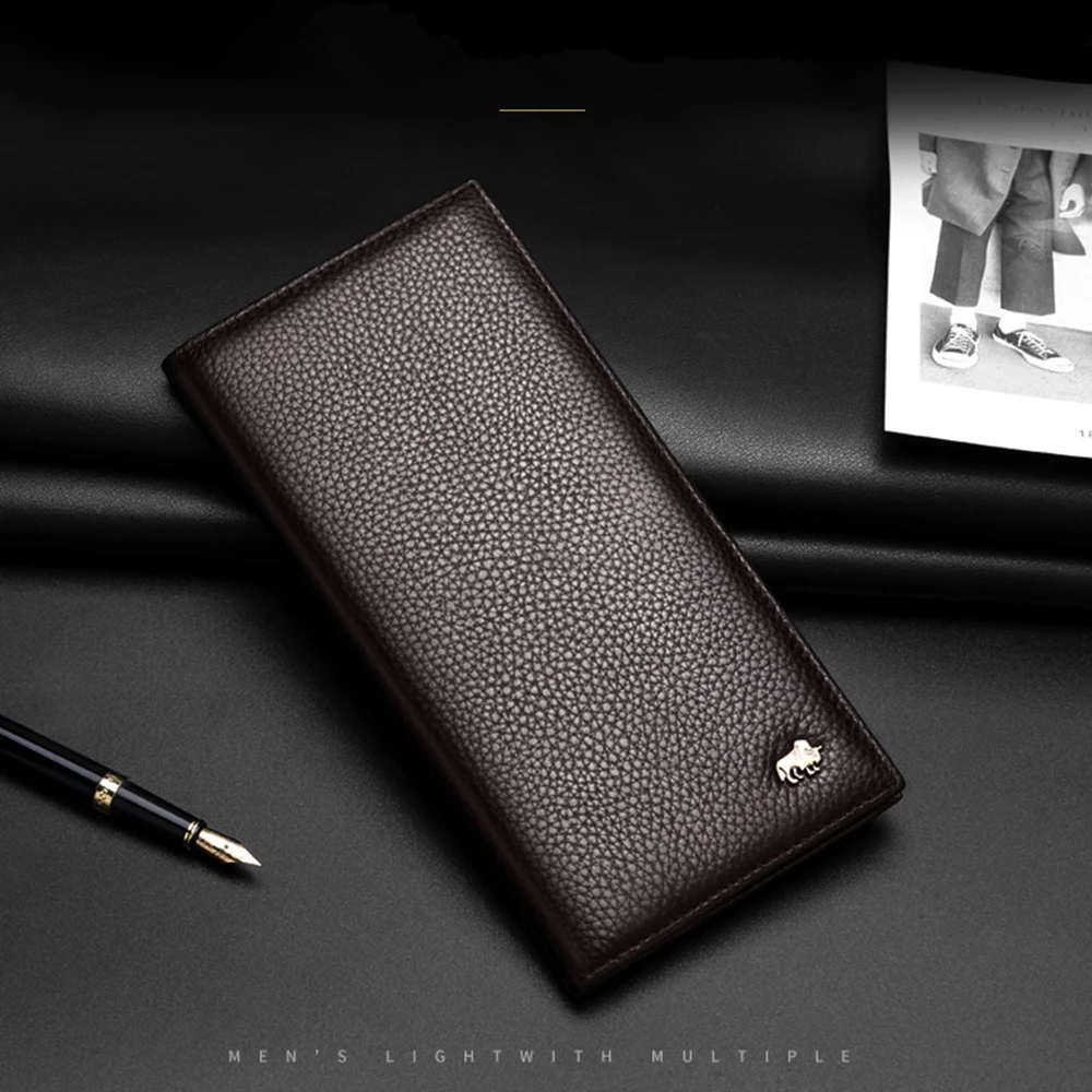 BISON DENIM Cowskin Long Purse For Men Wallet Business Men's Thin Soft Genuine Leather Wallet Card Holder Coin Purse N4470&N4391 2