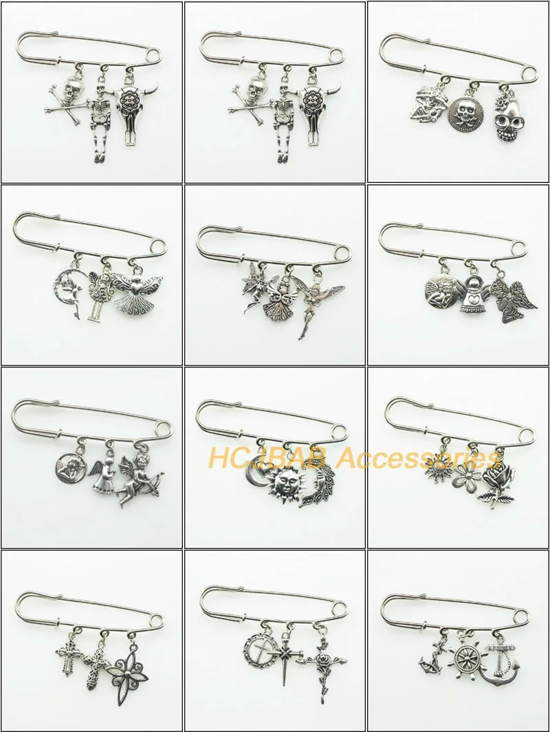 

Skull Angel Star Moon Flower Cross Anchor Safety Pin Brooch Charm Pendants with 3 Loops for DIY Brooches Jewelry Making