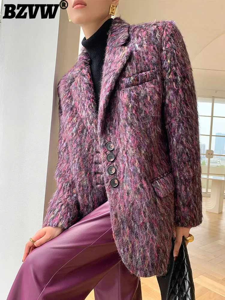 

BZVW Purple High-end Woolen Blazer Jacket For Women 2023 Winter New Trend Niche Fashion Temperament Office Lady Tops 25X3869