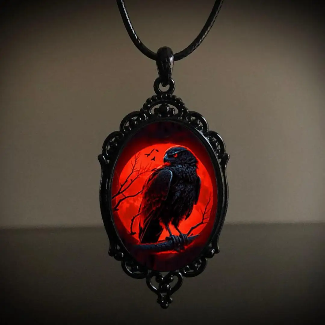Gothic Creative Raven Necklace Man Woman Dark Punk Vampire Red Leather Rope Collar Pendant Horror Halloween Party Gift Choker