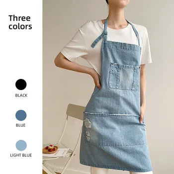 남녀공용 데님 심플 앞치마 유니폼, 블랙 블루 청바지 앞치마, 여성 요리사 주방 요리 앞치마, 뷰티 네일 카페 유니폼