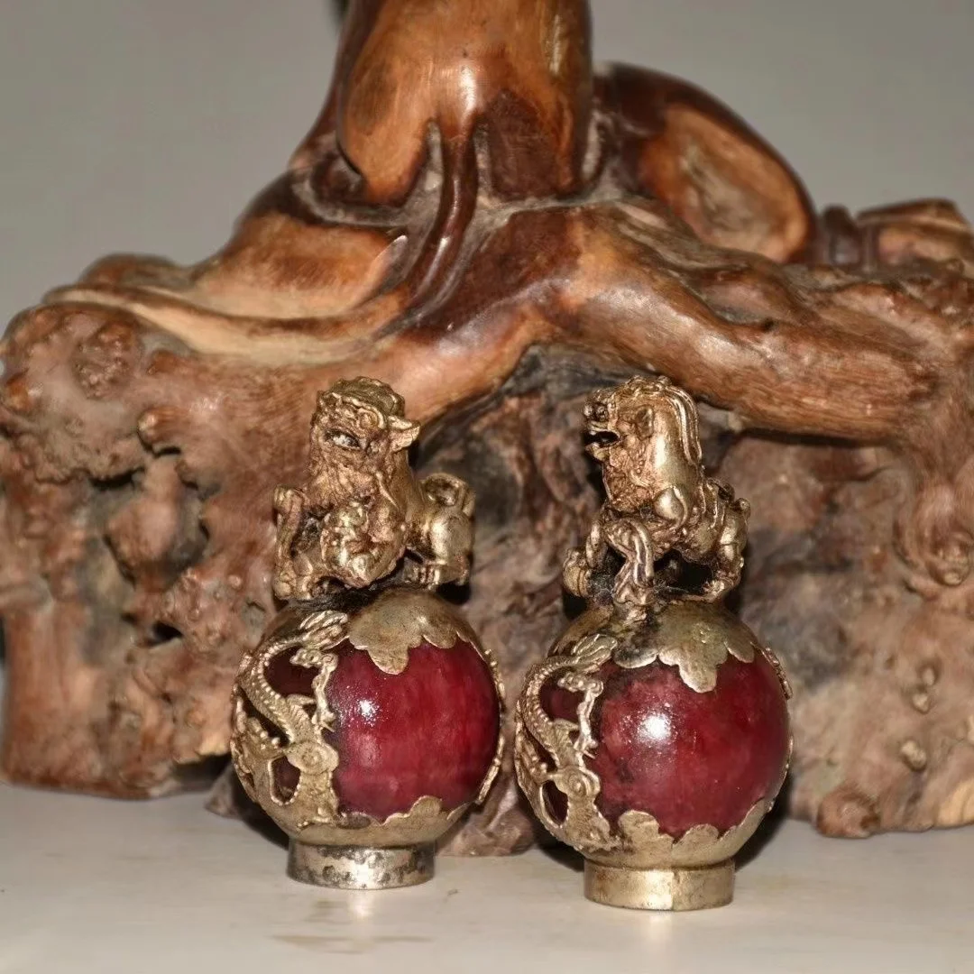 

collection Qing Dynasty a pair of Silver&jade Lion Hydrangea,#03,free shipping