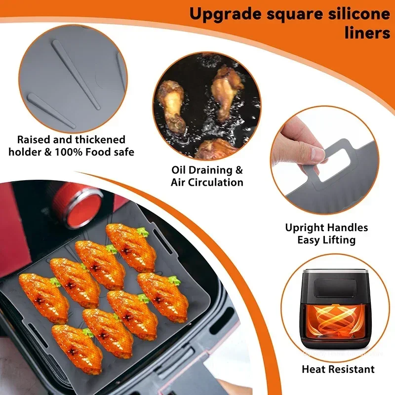 9 Square Silicone Air Fryer Liners - Reusable, Oil-Free, Dishwasher-Safe Baking Tray