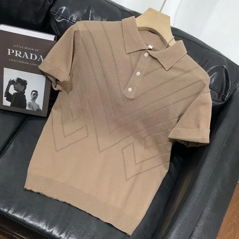 

Casual Slim Fit Solid Knitting Tops Mens 2023 Summer Fashion Lapel Button Polo Shirts Men's Clothing Fashion Short Sleeve D285
