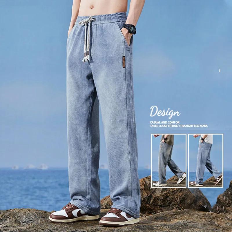 Men Summer Fashion Lyocell Fabric Jeans Men Elastic Waist Casual Denim Pants Baggy Trousers Male Oversized M-4XL