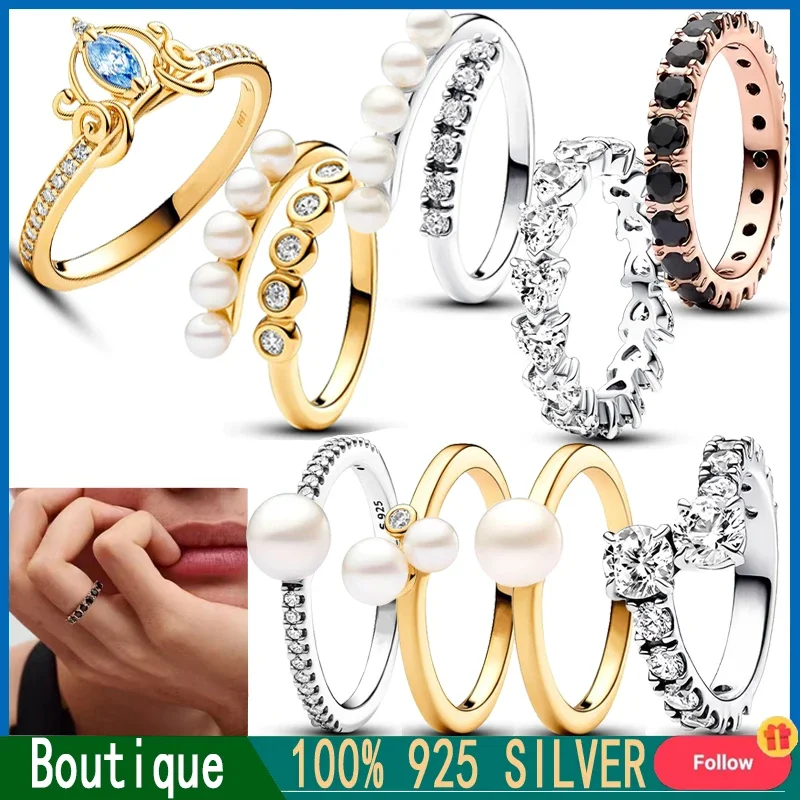 

2024 New 925 Sterling Silver Women's Exquisite Pearl Original Sparkling Love Heart Logo Ring Lover DIY Fashion Charm Jewelry
