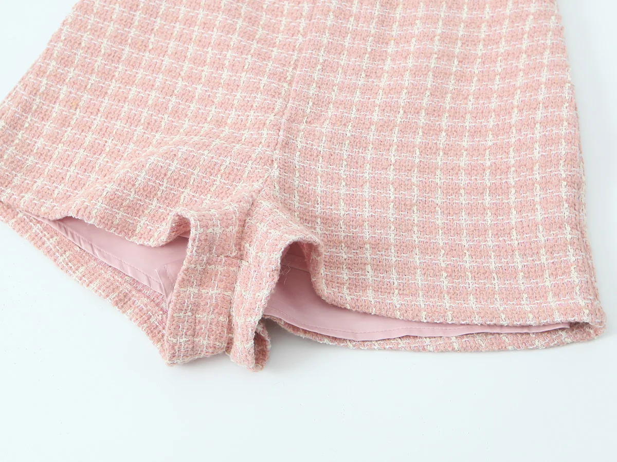 2 pieces 1 Set French Style Retro Pink Plaid Woven Tweed Blazer + High Waist Mini Shorts Pants Suits