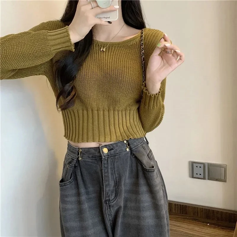 Zoki 여성용 단색 풀오버 스웨터, 심플한 긴팔 슬림 O넥 니트 점퍼, 빈티지 기본 크롭 스웨터, 가을 겨울