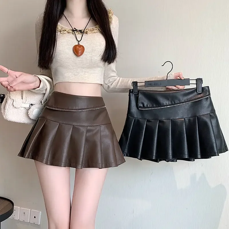 Women's PU Leather Zipper Pleated Skirt 2026 Autumn New High Waist Anti-light Midi Skirt