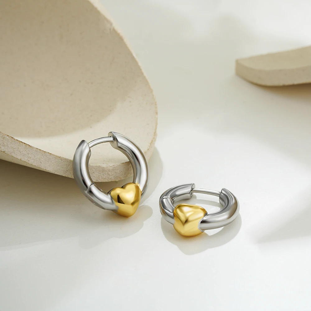 Unique Personality Mix Color Zircon Hoop Earrings for Women Girls Chunky PVD Gold&silver Colorblocked Heart Huggie Ear Jewelry