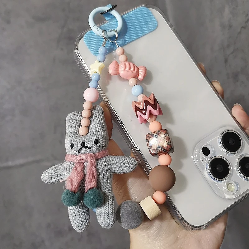 수제 DIY 토끼 모바일 폰 체인 참 휴대폰 끈 펜던트 가스켓 클립 비즈 가방 폰 팔찌