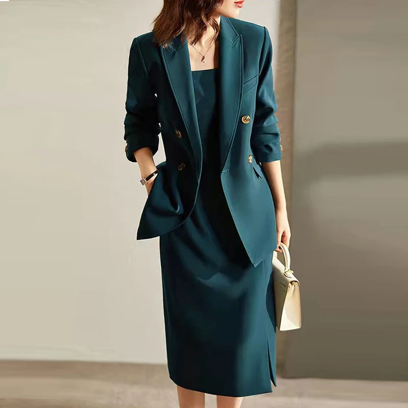 

Spring Autumn New Fashion Double Breasted Blazer Coats +sling Womens Dresses Suits Two Piece Set Korean Elegant Office Lady