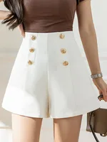 SMTHMA Casual Shorts For Women's 2026 New Summer High Waisted Shorts Versatile Gold Buttons Solid Wide Leg Pants - Image 2