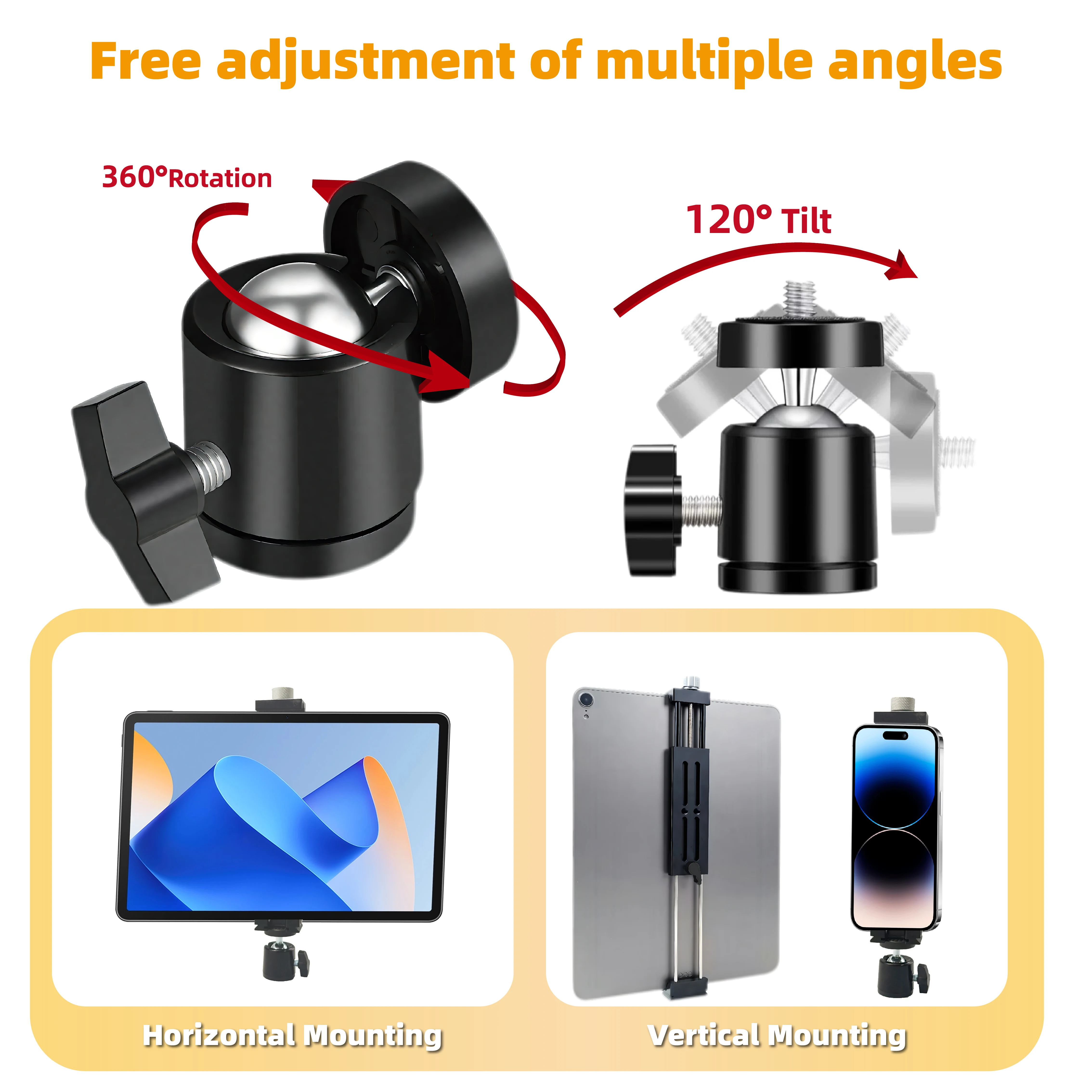 Adaptador de montaje en trípode para tableta con cabezal de bola, soporte de aleación de aluminio para tabletas de 5,43-