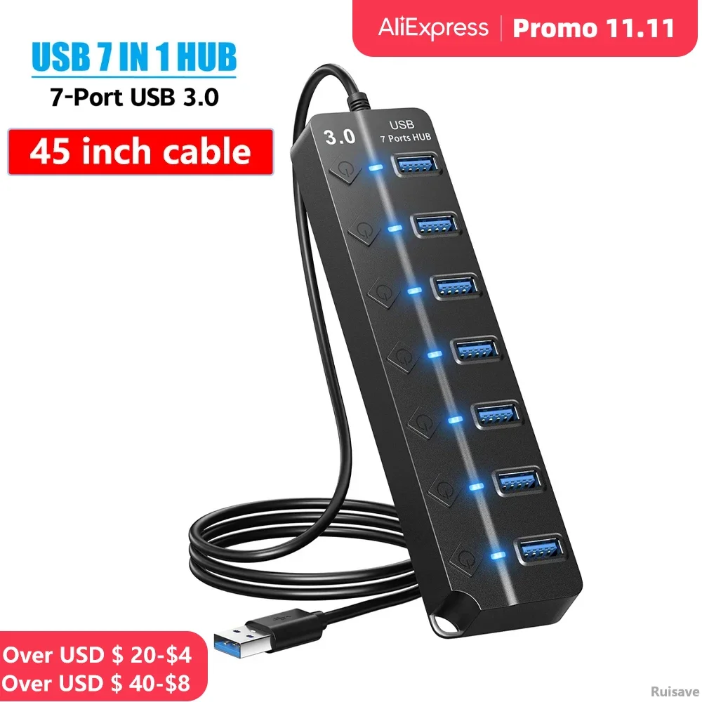 Hub Usb 3.0 4 Splitter Usb Hub A 7 Porte Con Interruttori Luci Cavo Lungo Per Macbook Laptop Surface Pro Pc Accessori Per Computer