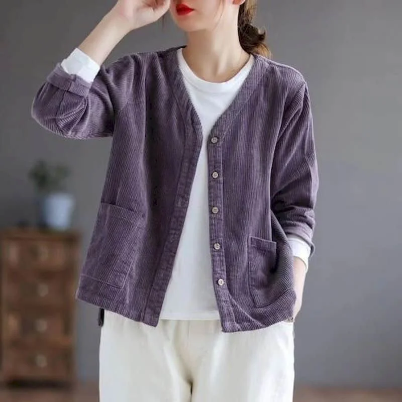 Chaquetas de pana para mujer, ropa de moda coreana, cárdigans holgados de gran tamaño, de color liso, abrigos de manga larga con un solo pecho, blusas para mujer