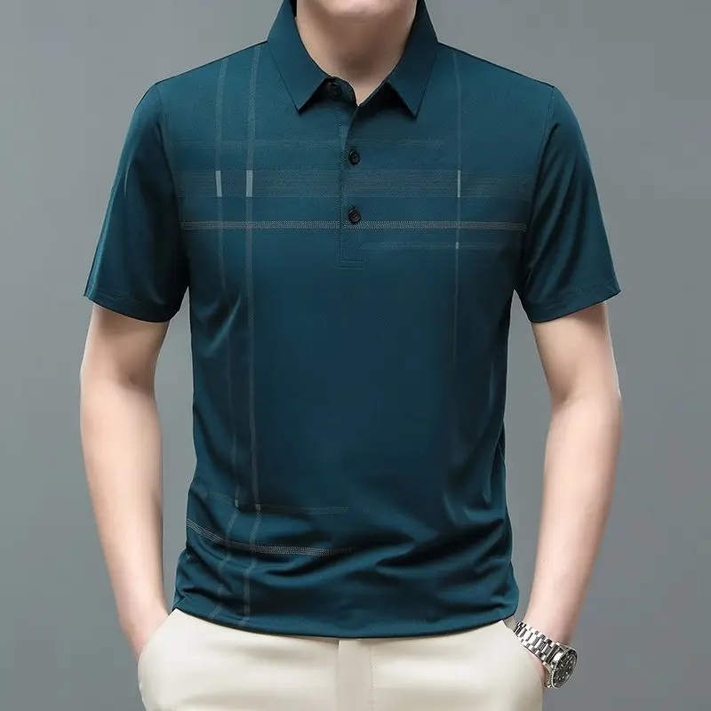 

Summer Polo Ice Silk Short Sleeve Tshirt Men's Lapel Bottoming Large Striped Plaid Printed Button Fashion Casual Tops