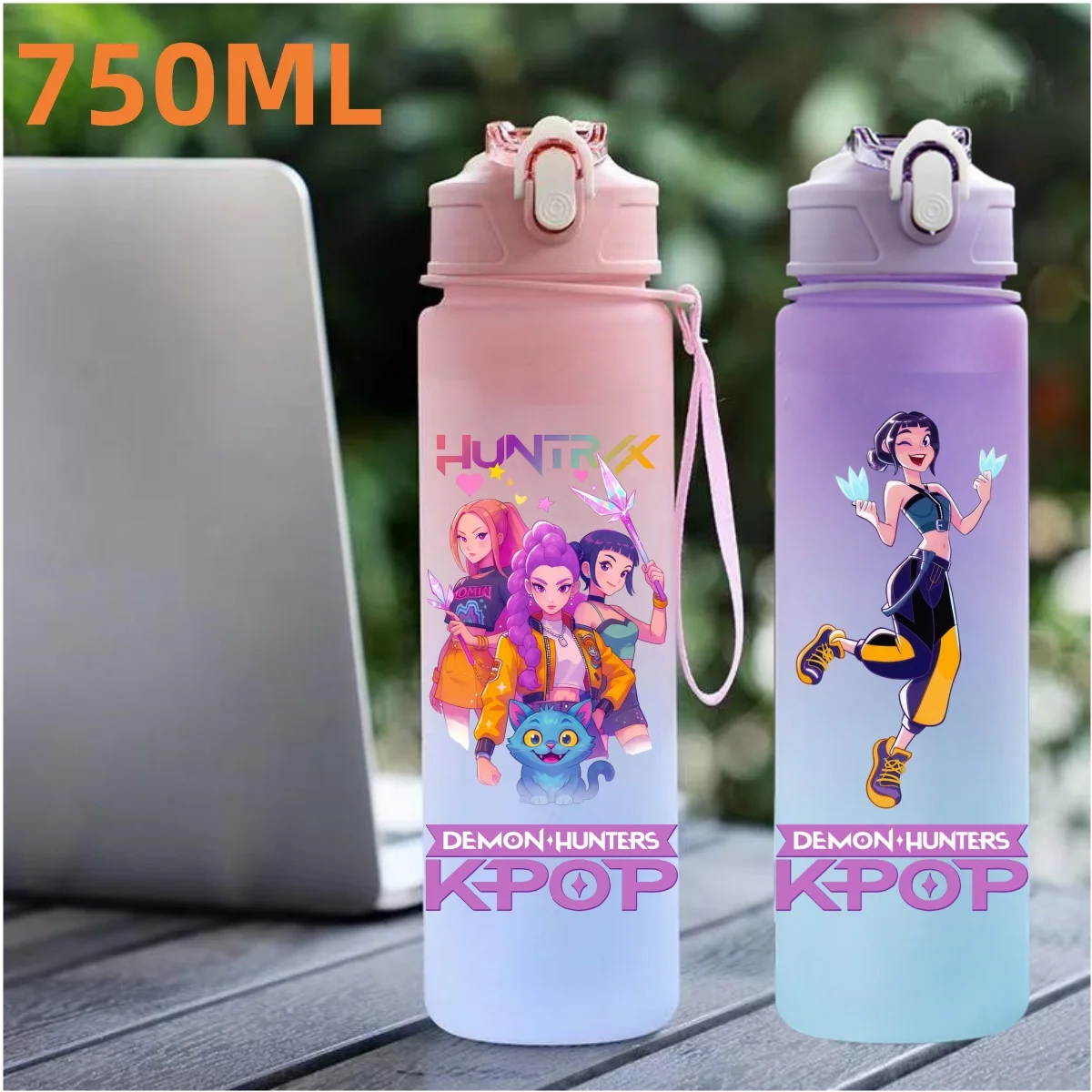 750ML KPop démon chasseurs Anime Sport bouteille d'eau étanche coloré paille tasse Portable Sport de plein air Fitness bouteille à boire