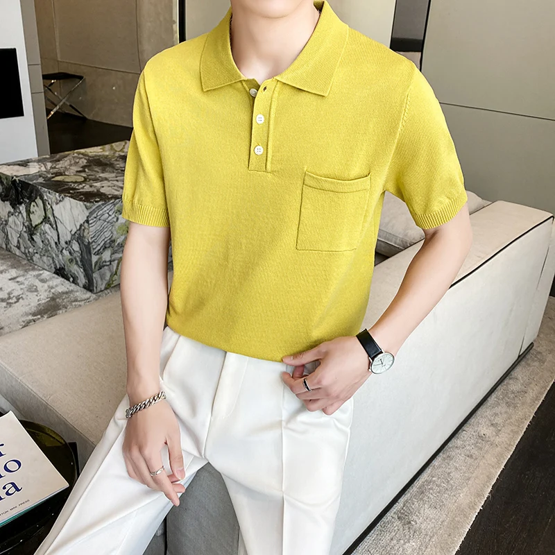 

2023 Summer Ice Silk Knitted Polo Shirt Men Fashion Short Sleeve Casual T-shirts Lapel Social Tee Tops Streetwear Men Clothing