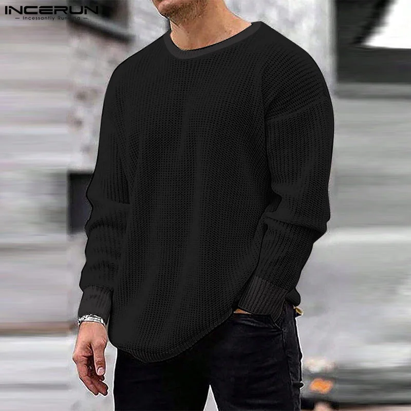 

INCERUN Tops 2023 American Style New Men Fashionable O-neck Hollowed T-shirts Casual Solid All-match Long Sleeved Camiseta S-5XL