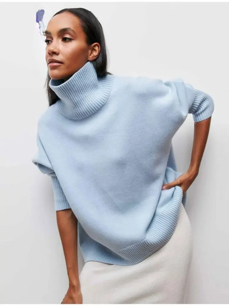 

Solid Turtleneck Long Sleeve Pullover For Women Fashion Aong Sleeve Loose High Low Hem Baggy Sweater Autumn Winter Crop Top 2024