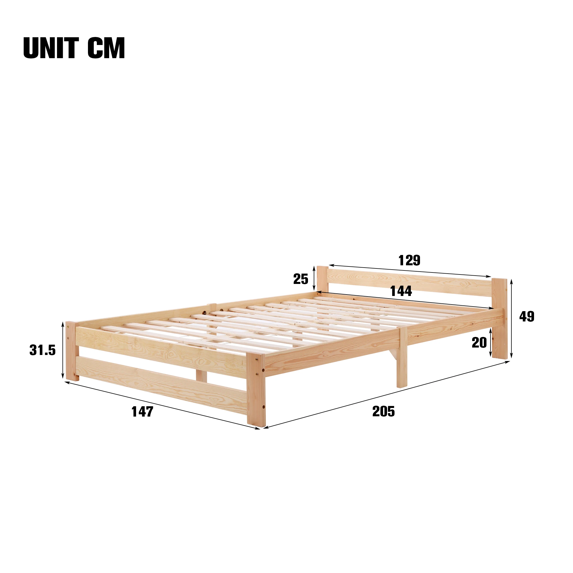 140X200CM Solid Wood Bed Natural Bed with Headboard Slatted Frame for Adults, Children, Teenagers Dormitory Bedroom Furniture
