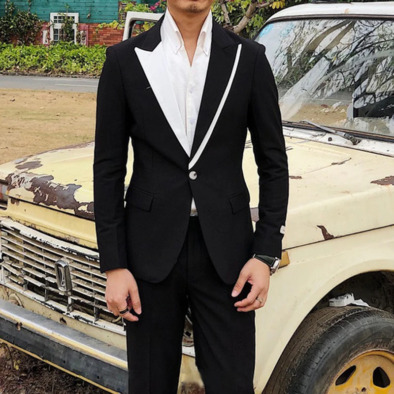 Casual Men Suits With Black Pants For Club Party British Style Wedding Tuxedo 2 Piece Groom Male Fashion Jacket