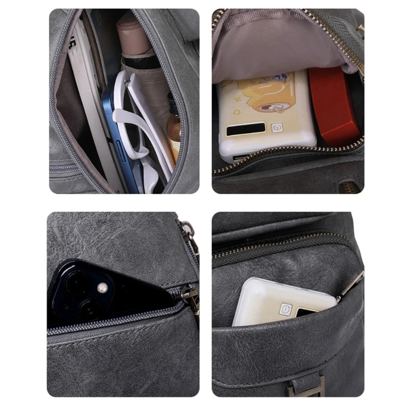 Women Large Chest Pocket Casual Daypacks PU Leather Crossbody Bag Shoulder Bag E74B
