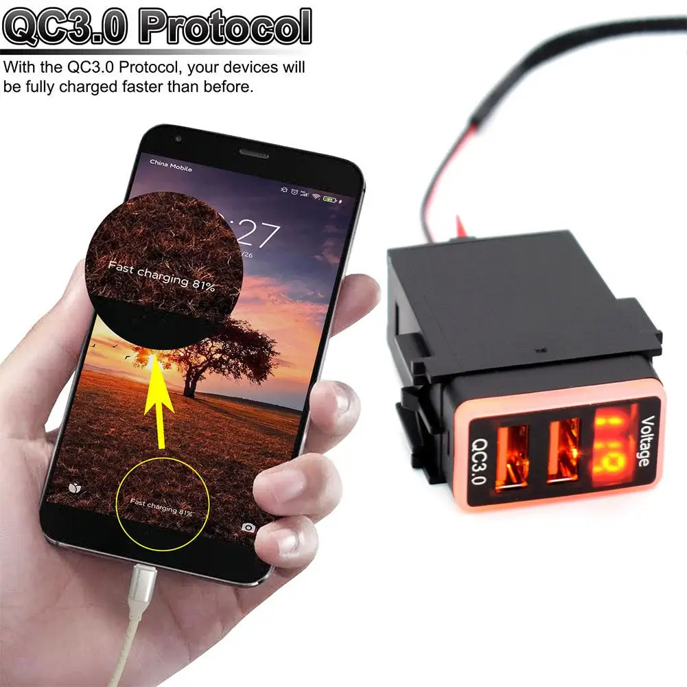 

Car Charger With Cable Dual USB Quick Tablet Charger QC3.0 Adapter 12V Phone Adapter LED Voltmeter Digital Display For Niss X0V5