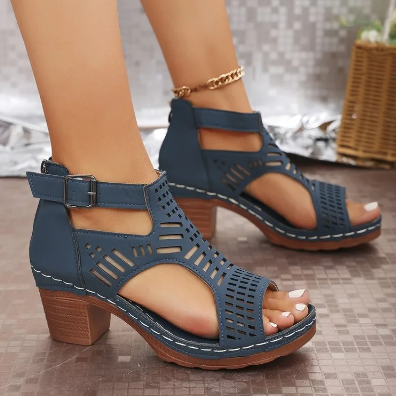 Sandals for Women 2026 New Thick Heeled Sandals Summer Breathable Hollow Out Sandals for Women Retro High Heels Roman Sandalias - 3