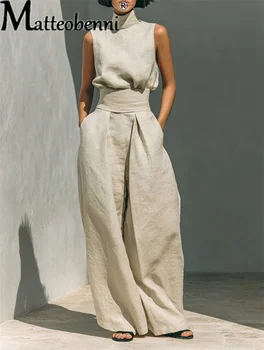 Women Summer Fashion Casual Loose Solid Suit Cotton Linen Set Sleeveless Tops Wide Leg Pants Office Ladies 2 Piece Sets 2026