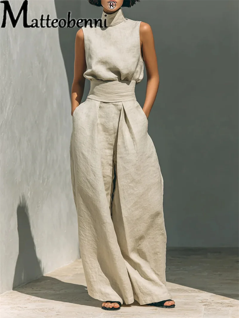 Women Summer Fashion Casual Loose Solid Suit Cotton Linen Set Sleeveless Tops Wide Leg Pants Office Ladies 2 Piece Sets 2026