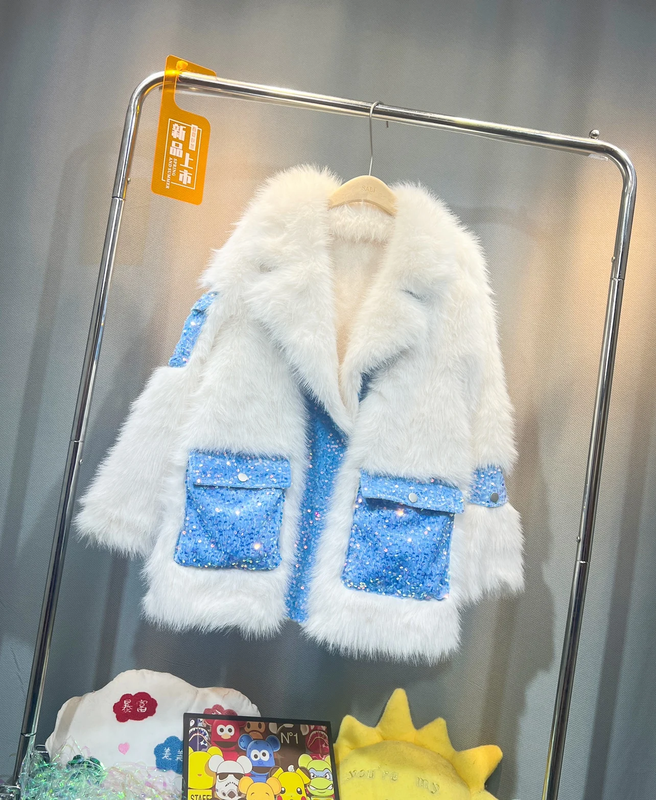 Contrast Color Sequins Pocket Thicken Women Fur Jacket Coat 2023 New Winter Mid-long Outwear Loose Long Sleeve Faux Fur Overcoat