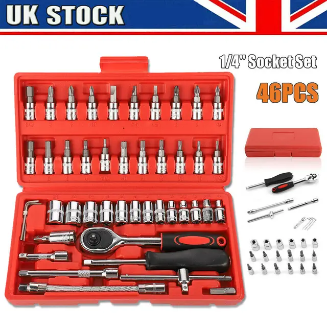 46PC Socket Set 1/4" Drive Metric Ratchet Wrench Spanner Car Repair Tool Kit Box for Cars Motorcycles Bicycles