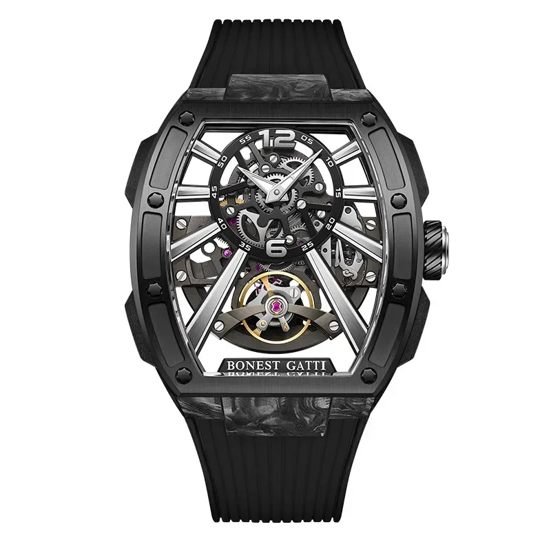 BONEST GATTI watch men's wine barrel shaped fully automatic hollow mechanical watch carbon fiber sports