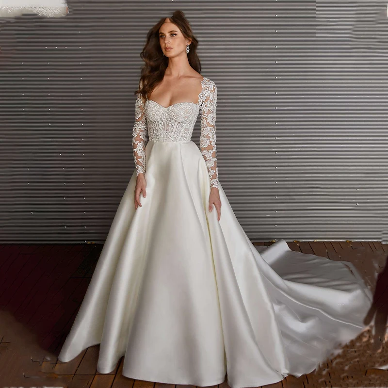 

Elegant Sweetheart Wedding Dresses With Full Sleeves Lace Jacket A-line Simple Styles Bridal Dress with Court Train