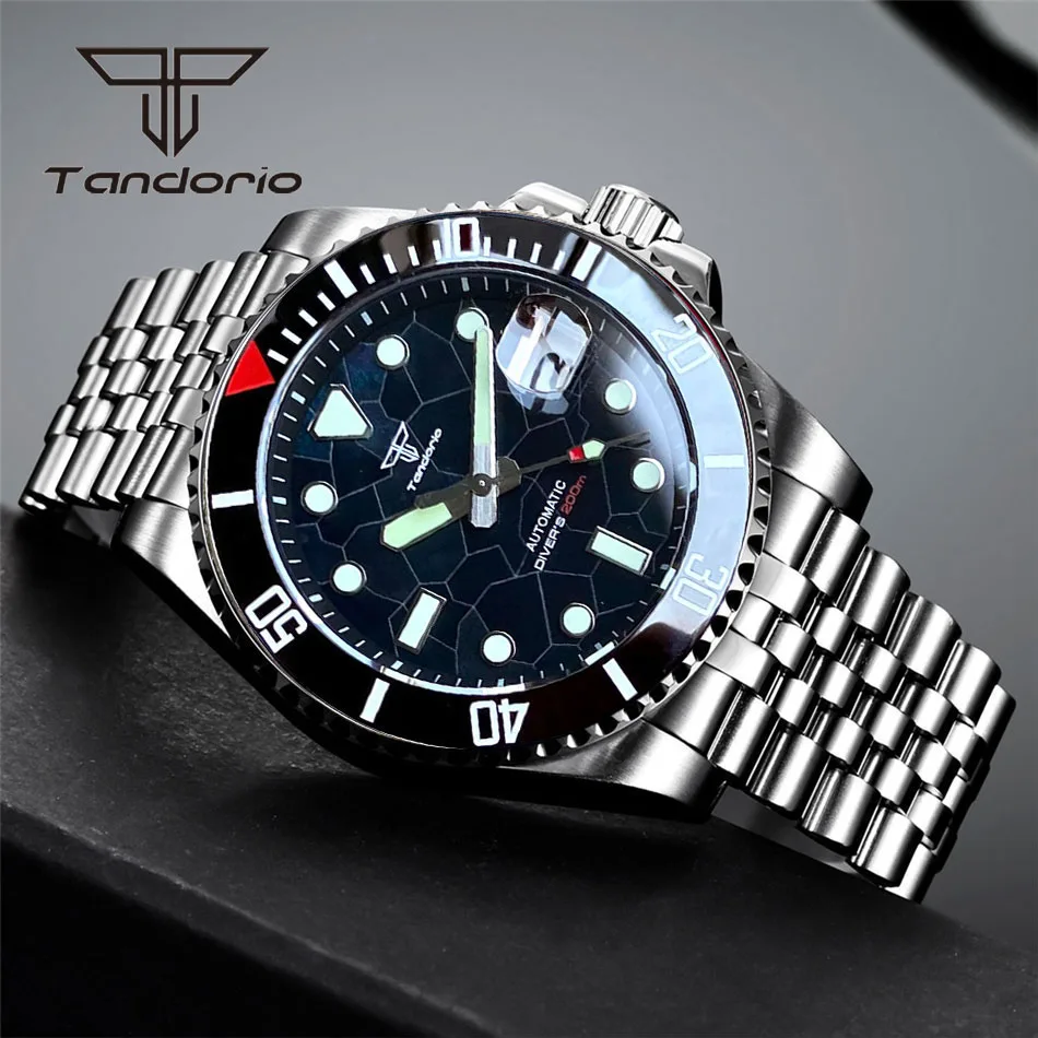 Tandorio NH35A Sapphire 40mm Classic 20Bar Dive Automatic Watch for Men Luminous Black MOP Dial Rotating Bezel Date Screw Crown