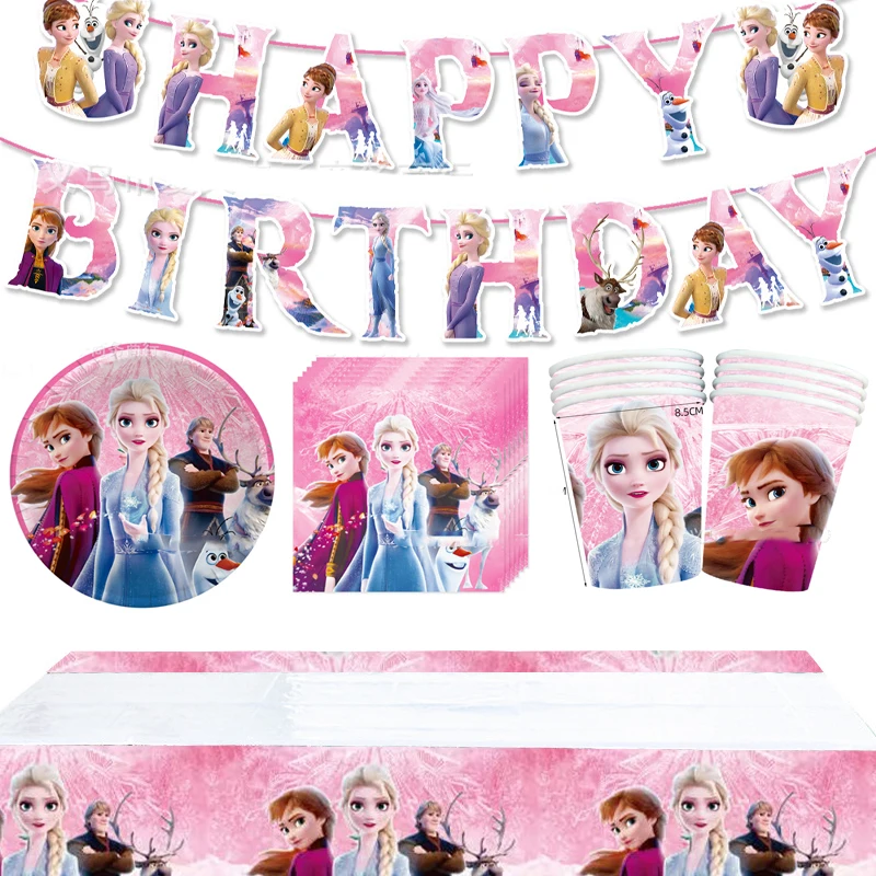 

56pcs/lot Frozen Princess Elsa Anna Theme Happy Birthday Banner Plates Decorations Cups Girls Favors Party Napkins Tablecloth