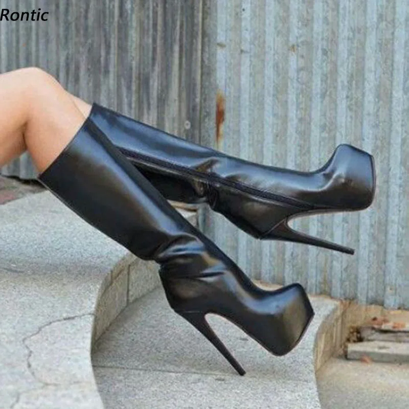 

Брендовые новые женские зимние сапоги Rontic до колена, унисекс сапоги на шпильке, классические черные вечерние сапоги с круглым носком, американская модель 5-20