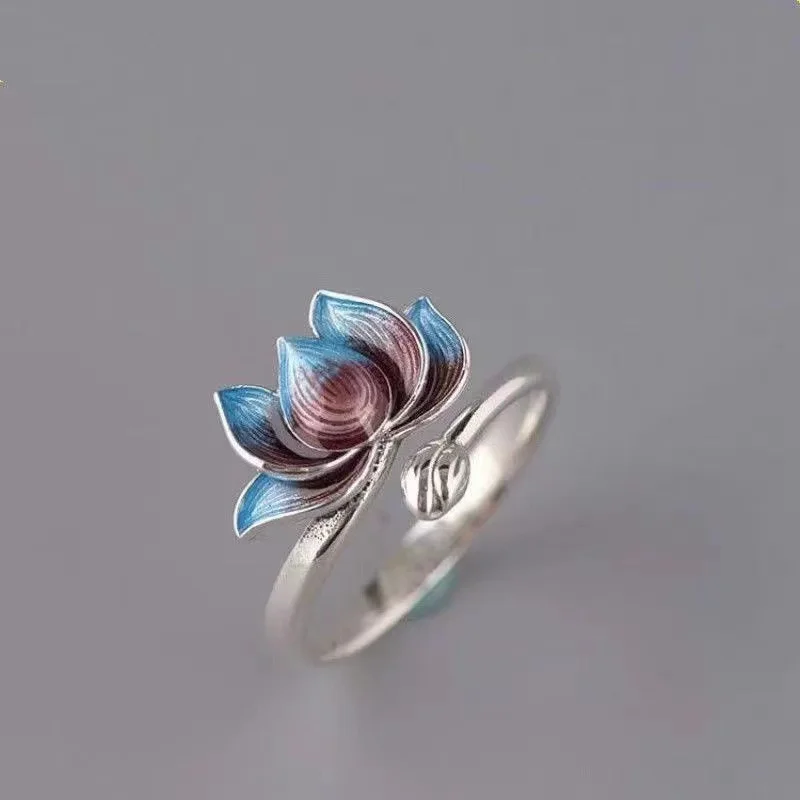 Vintage Lucky Koi Fish Open Ring For Women Fashion Silver Plated Copper Blue Lotus Rabbit Finger Rings Wedding Party Jewelry 4