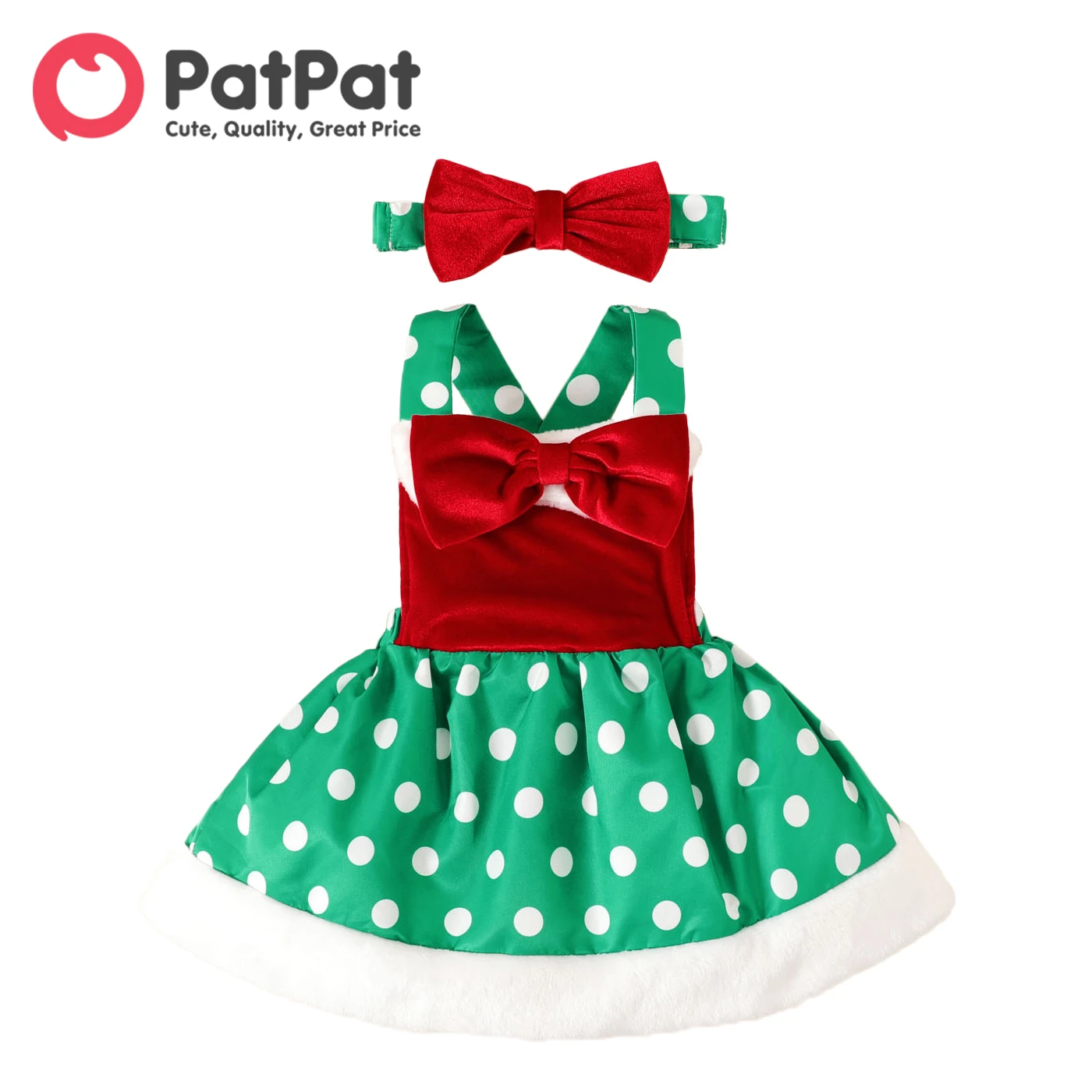 Patpat Christmas 2pcs Baby Girl Velvet Bow Front Spliced Polka Dot Overall Dress With Headband