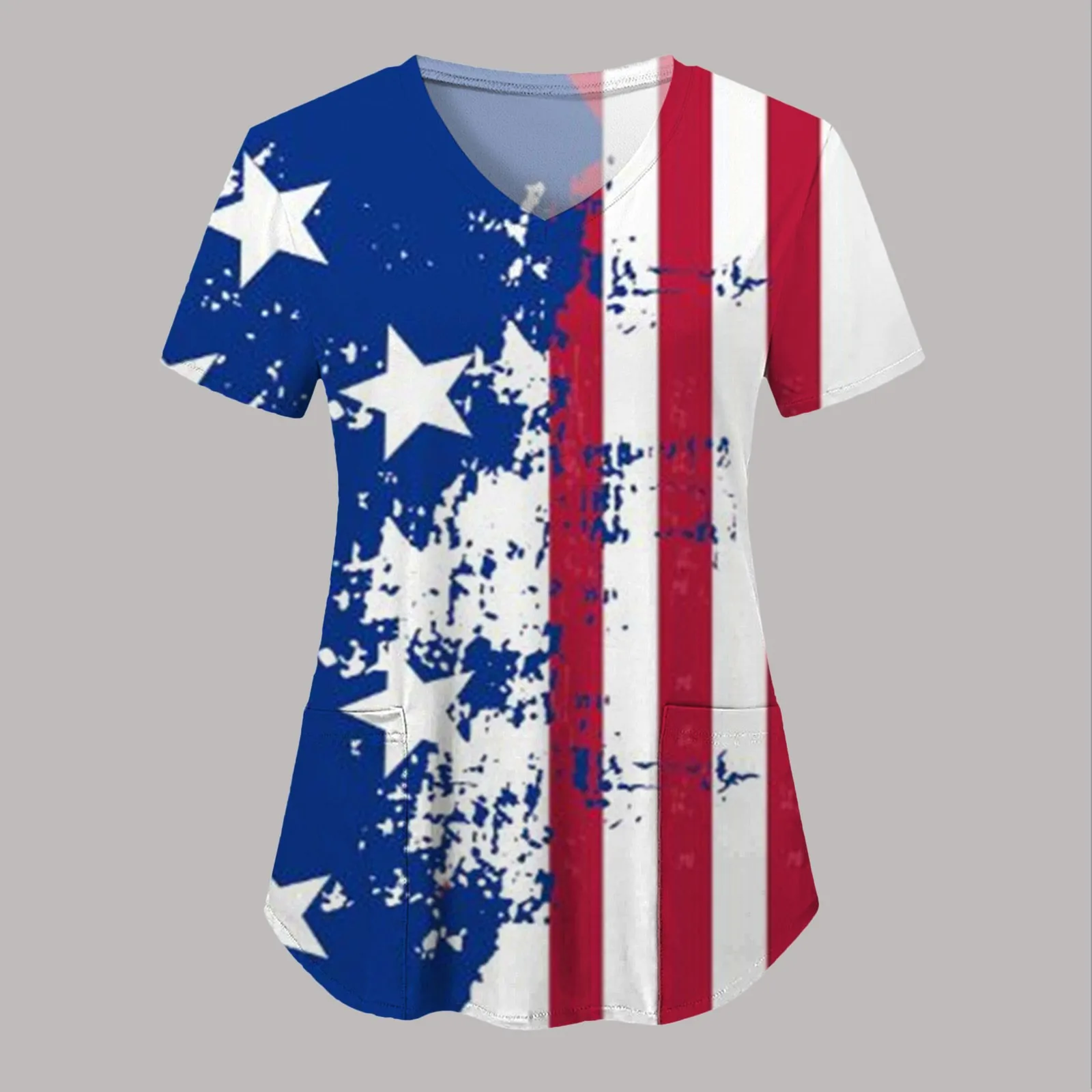 

Summer Independence Day Pattern Printed V Neck T Shirt Nurse Uniform For Women Casual Loose Work Wear With Pocket