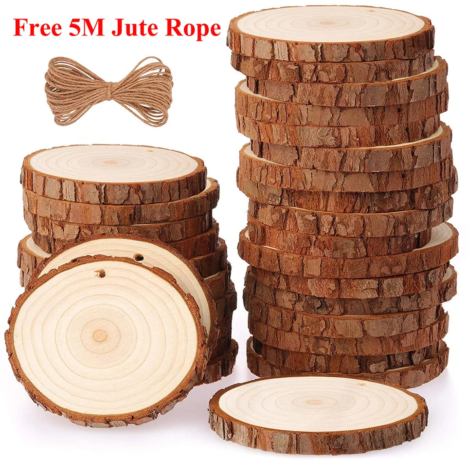 50pcs 3-13cm Thick Natural Pine Round Unfinished Wood Slices