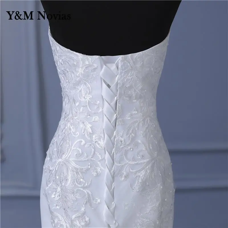Y&M New Arabic Aso Ebi Vintage Lace Beaded Sequined Wedding Dresses Strapless Mermaid Bridal Dress Sexy Customized Wedding Gowns 6