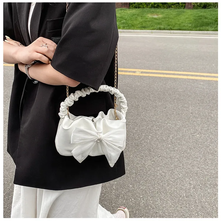 2024 New Ladies Shopping Bag Fashion Cute Bow Decor PU Shoulder Bags for Women Trendy Simple Chain Crossbody Bag Daily Handbags