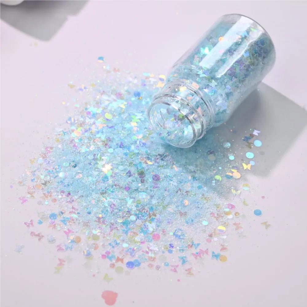 10pcs 하트/달/나비/눈송이 플레이크 네일 파우더 핑크/화이트/블루/옐로우 레이저 네일 글리터 더스트 무지개 빛깔의 네일 안료